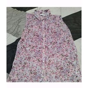 Sheer Floral Button Down Sleeveless Shirt - Pink and Purple